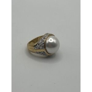 Gold Tone Cocktail Ring Large White Faux Pearl Pave Clear Accent Stones Womens